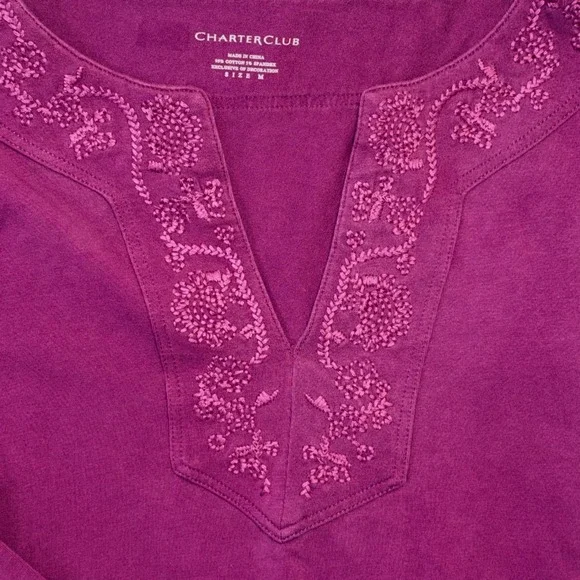 Charter Club Womens Fuscia Purple Embroidered Split V-Neck 3/4 Sleeve Top Size M - Picture 3 of 5